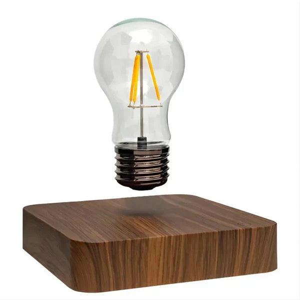 Electromagnetic levitating light bulb with a stylish walnut wood base, innovative home decor lighting.