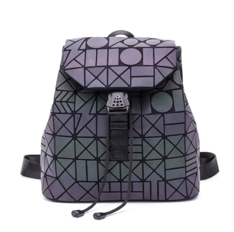 Versatile women's school backpack, reflective geometric pattern, transforms with light.