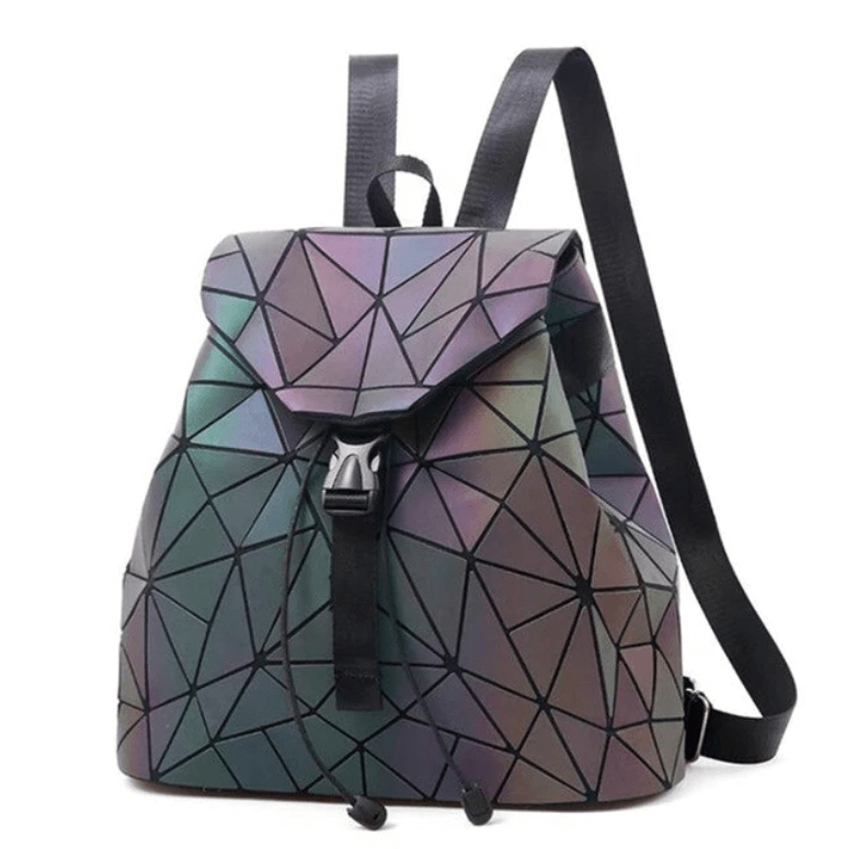 Functional & stylish women's luminous backpack with a reflective geometric color-changing effect.