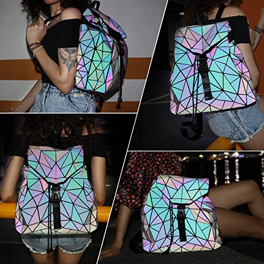Contemporary women's reflective geometric backpack for school or travel. Color-changing & luminous.