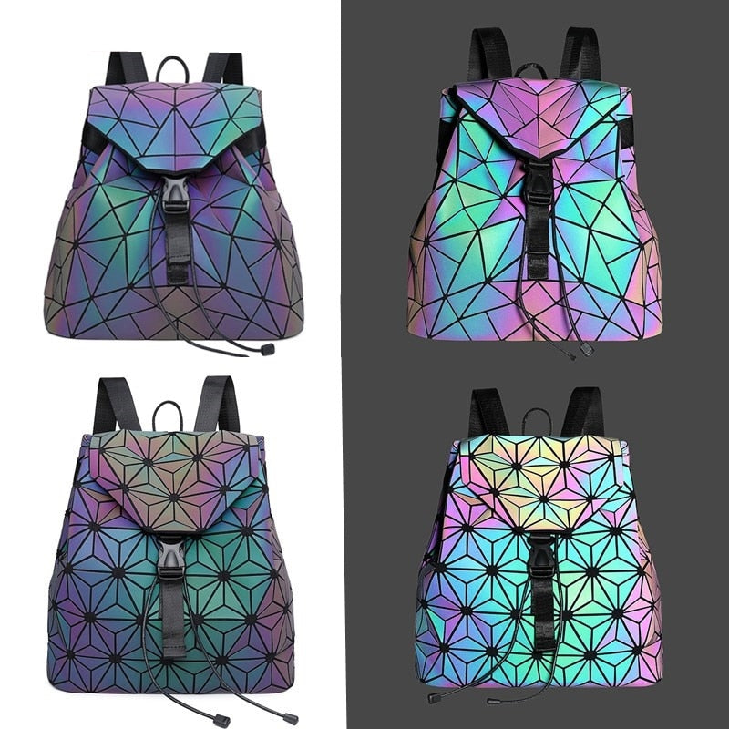Durable water-resistant women's daypack with a geometric color-changing reflective surface.