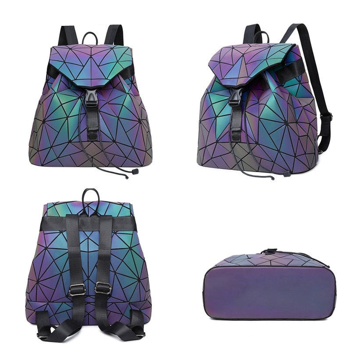 Standout women's fashion backpack, reflective geometric pattern, vibrant color-changing design.