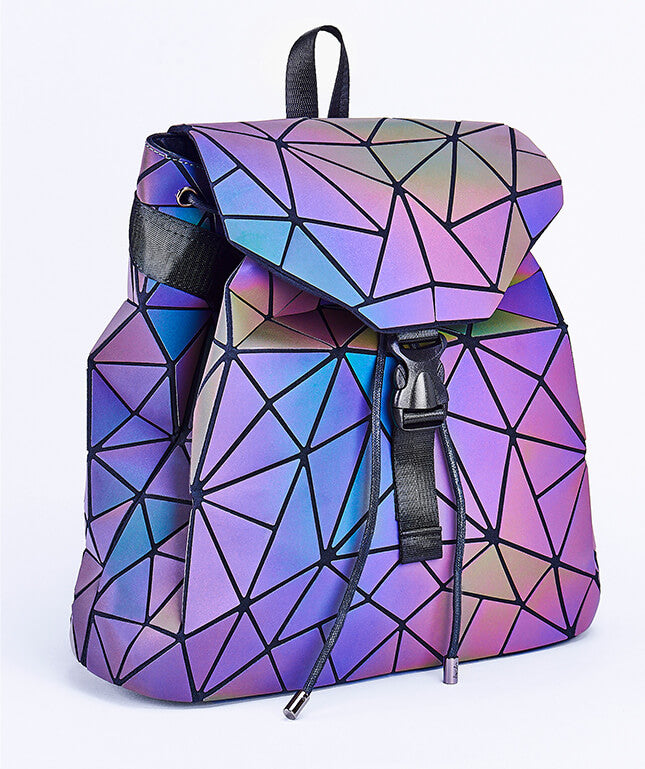 Fashion-forward women's luminous backpack featuring a dynamic geometric, reflective design.