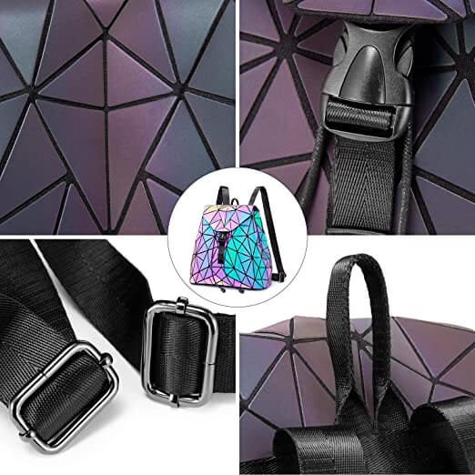 Eye-catching women's reflective geometric backpack, a color-changing fashion accessory.