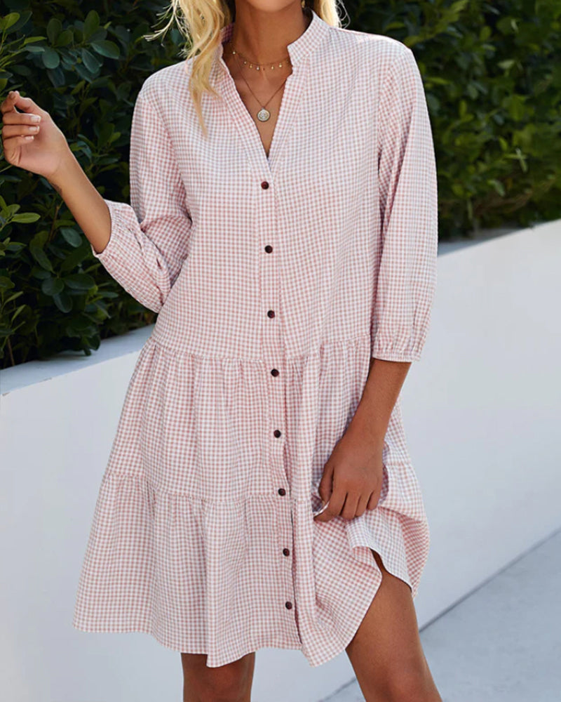 Effortless women's A-Line summer dress with a stylish checked pattern and flattering V-neck for summer.