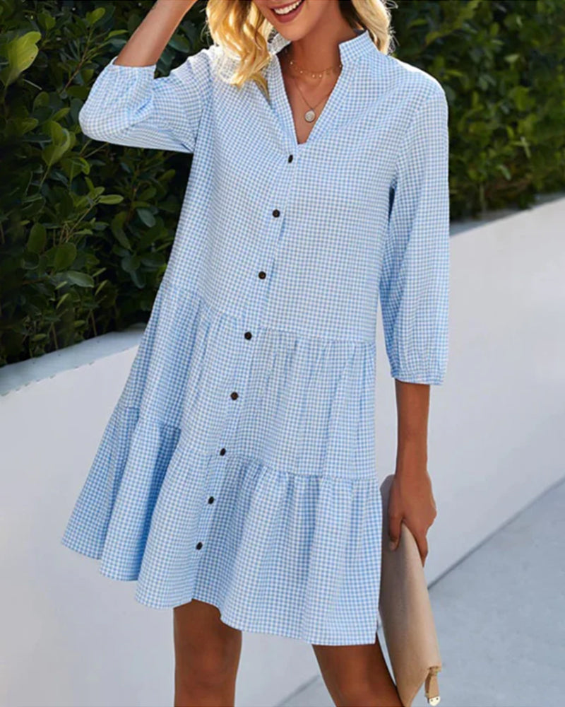 Women's A-Line checked summer dress with V-neck, perfect for a stylish and effortless day look.