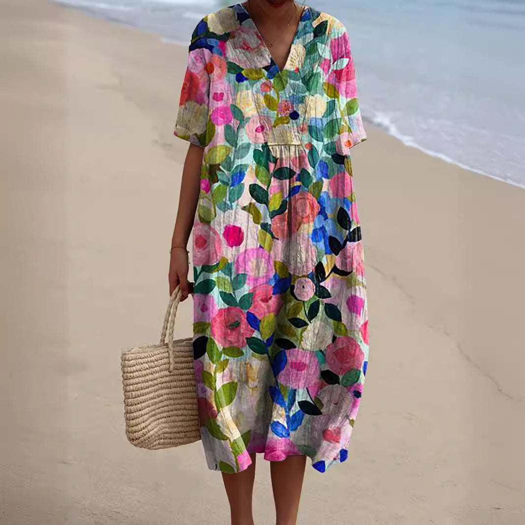 Women's V-neck floral summer dress with a comfortable fit, ideal for casual wear.
