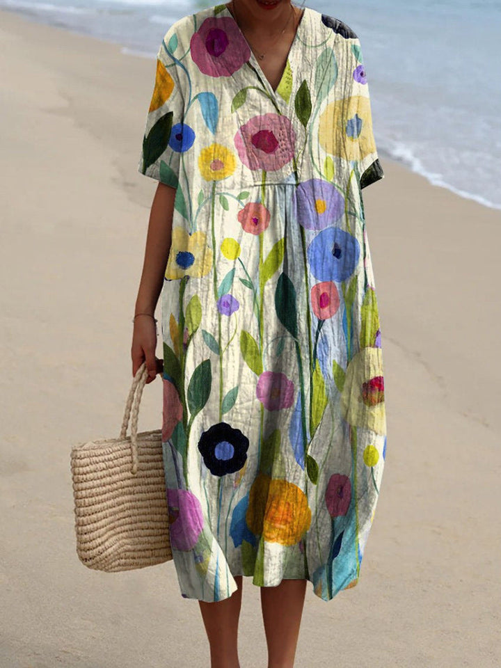 Beautiful women's V-neck floral summer dress, comfortable and stylish for any casual occasion.