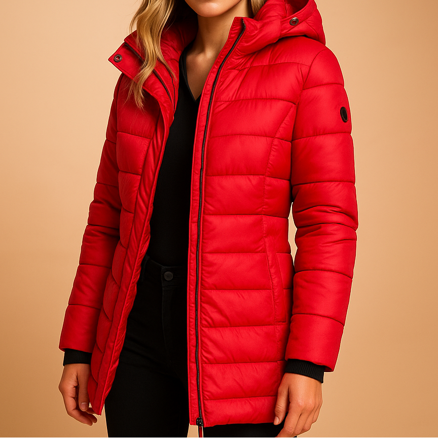Warm women's hooded puffer jacket for winter. Comfortable, water-resistant outerwear in a stylish, casual fit.