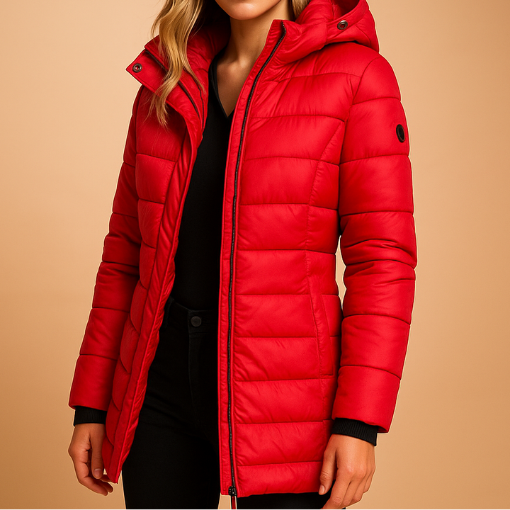 Warm women's hooded puffer jacket for winter. Comfortable, water-resistant outerwear in a stylish, casual fit.