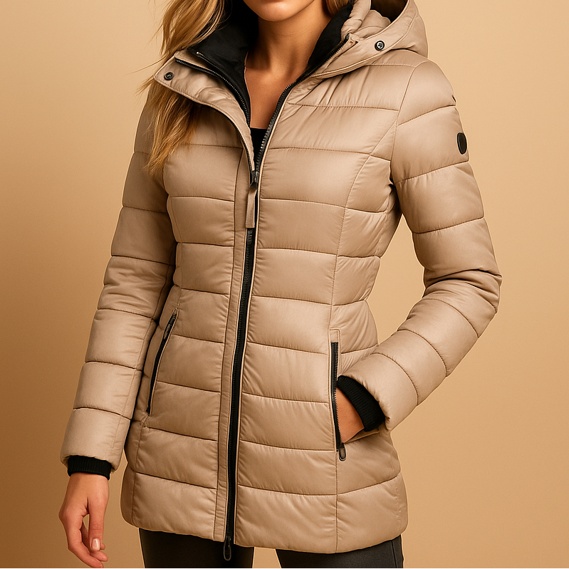 Comfortable women's puffer jacket with a hood, offering warmth for everyday wear. Water-resistant winter coat.