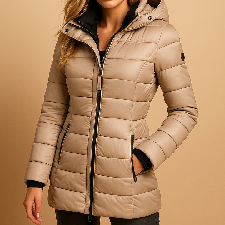 Comfortable women's puffer jacket with a hood, offering warmth for everyday wear. Water-resistant winter coat.