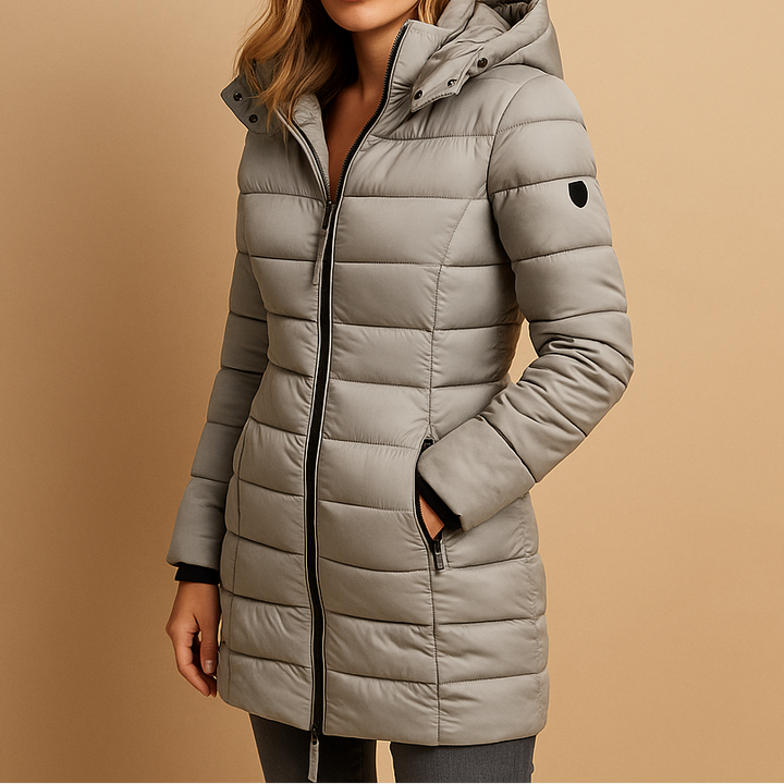Stylish women's hooded puffer jacket, perfect for fall and winter. Warm, comfortable, and casual outerwear.