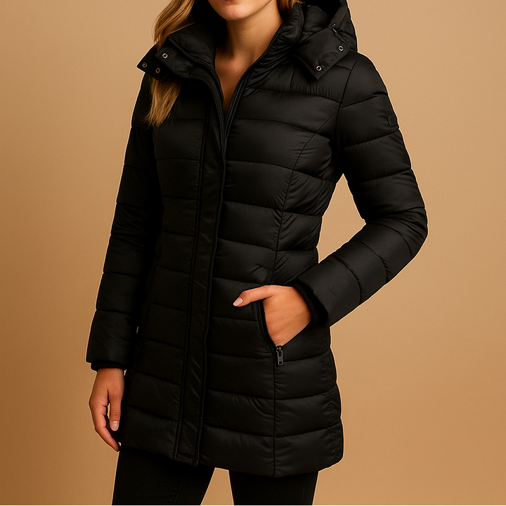 Women's warm hooded puffer jacket in black, ideal for winter. Water-resistant and comfortable everyday outerwear.