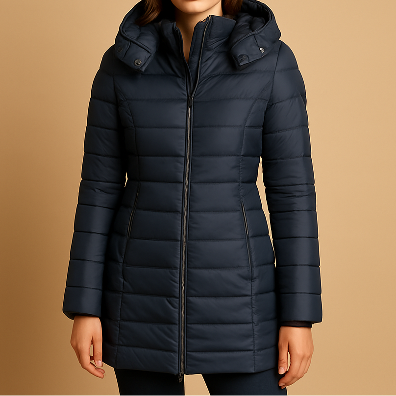 Casual women's hooded puffer jacket, designed for warmth and everyday comfort. Stylish winter outerwear.