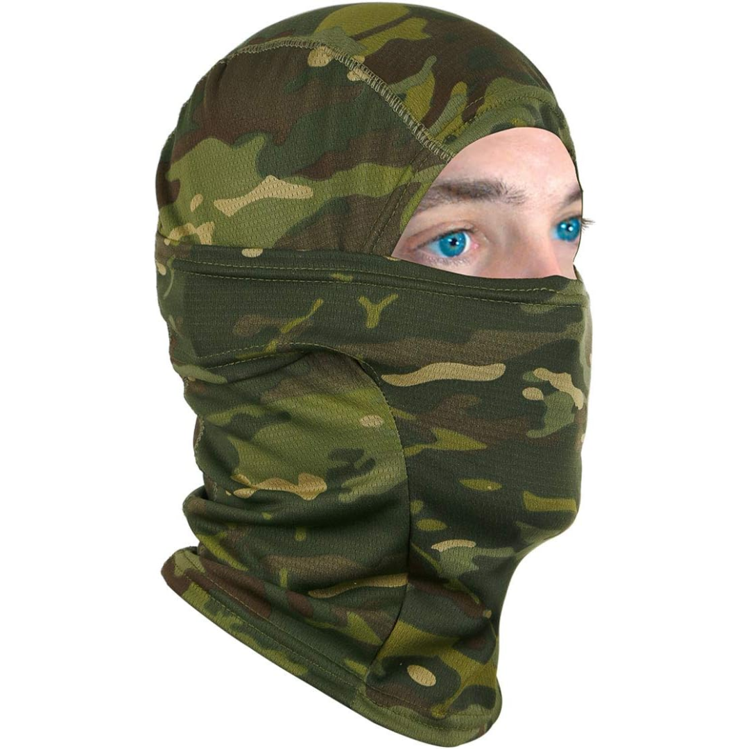 Outdoor gear ski mask, breathable fabric, UV sun protection for all-season adventure.