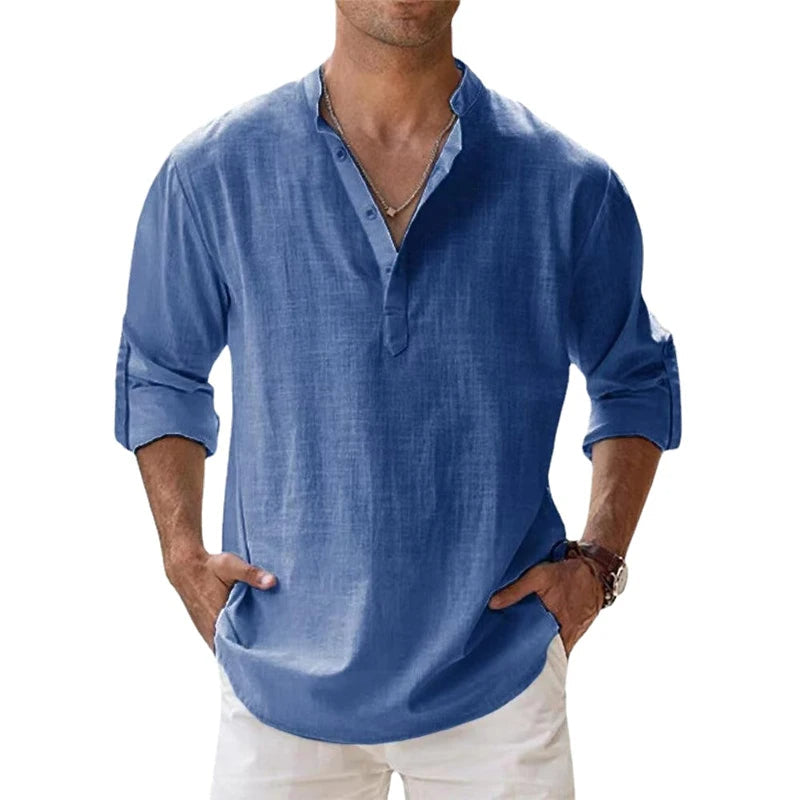Lightweight men's long sleeve Henley shirt, a relaxed fit summer essential for casual comfort.