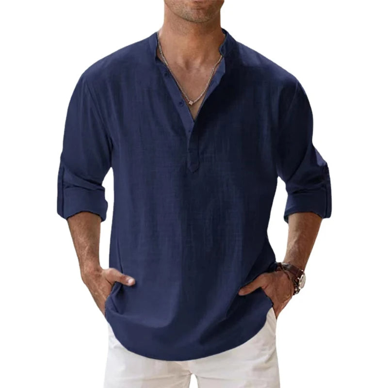 Versatile men's Henley shirt with a relaxed fit, great for everyday casual style.