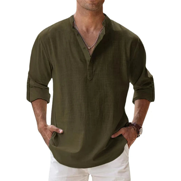 Men's casual long sleeve Henley shirt featuring a classic button placket & relaxed comfortable fit.