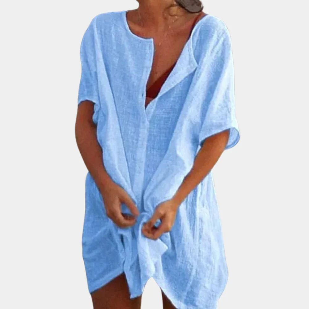 Casual women's Luna linen blend beach tunic. Stylish short sleeve cover-up, perfect for summer, poolside, or resort wear.