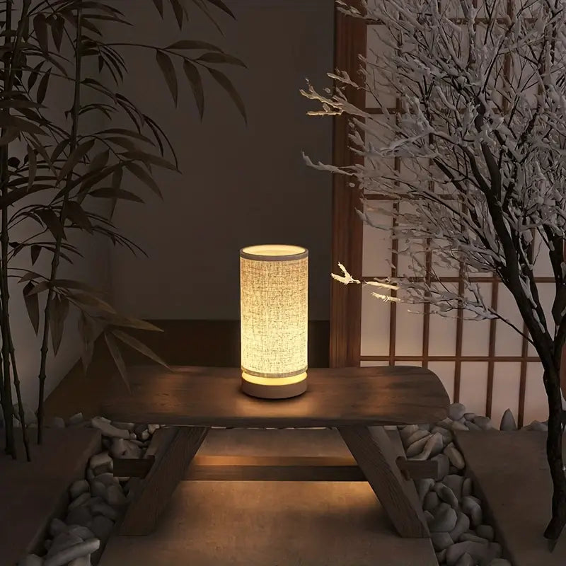 Linen look night light for bedroom decor. LinoGlow lamp provides warm, soft ambient light; perfect for home.