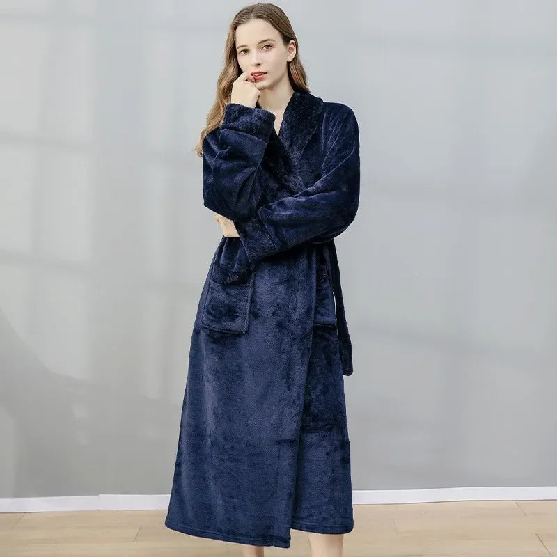 Women's long Lisanne Bliss bathrobe with tie-belt, stylish & comfortable home robe.