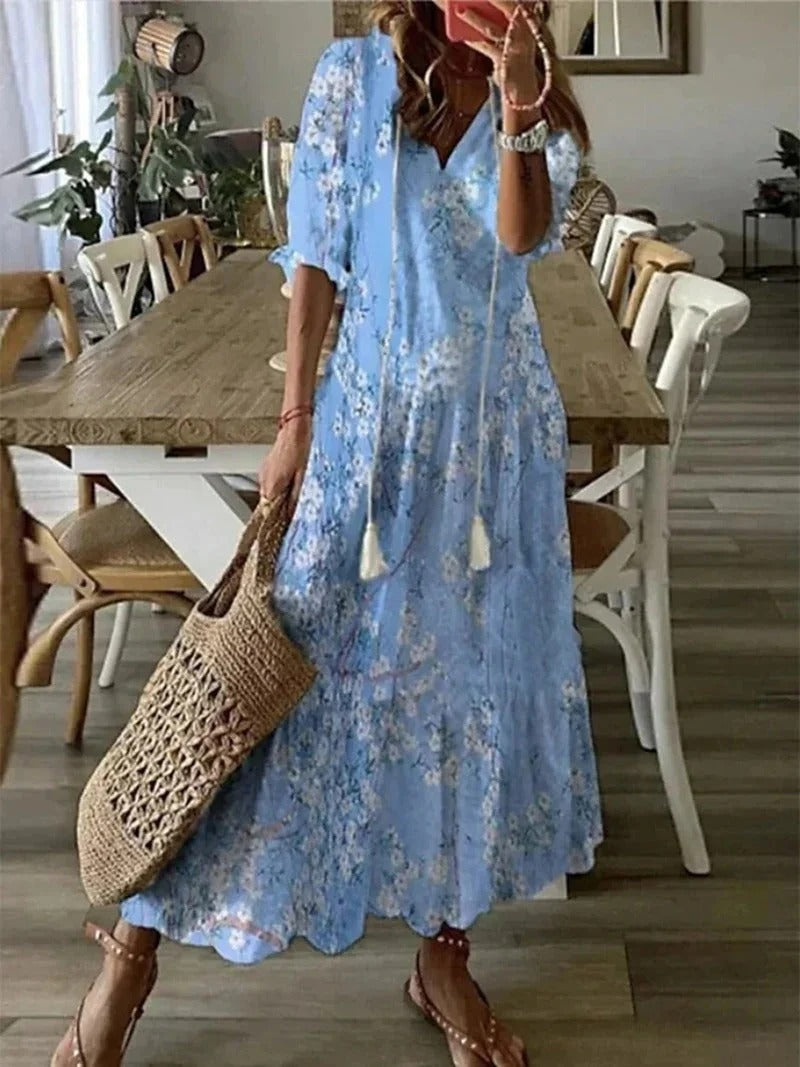 V-neck A-line long patterned dress for women, a stylish spring casual or elegant outfit with a leaf print.