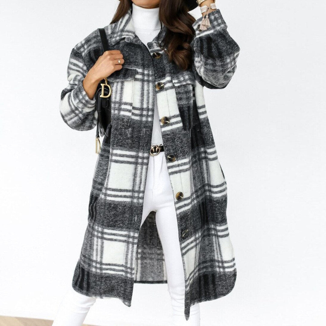 Warm & comfortable women's long checked coat. Versatile outerwear, great for everyday fall and winter fashion.