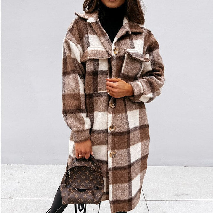 Stylish women's long checked coat with a classic pattern. Versatile fall/winter outerwear, perfect for elegant fashion.