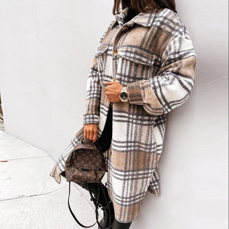 Versatile women's long checked coat. Classic pattern, warm & elegant outerwear for modern fall/winter fashion.