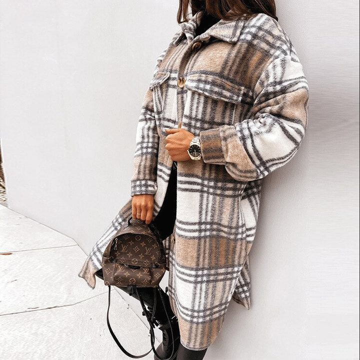 Versatile women's long checked coat. Classic pattern, warm & elegant outerwear for modern fall/winter fashion.