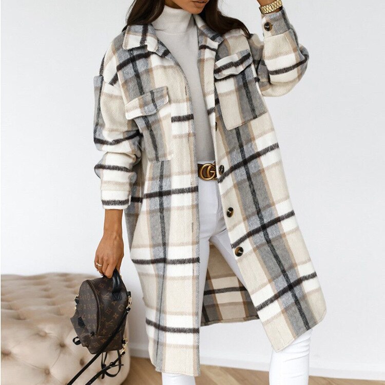 Sophisticated women's long checked coat. Elegant, warm outerwear for stylish fall & winter fashion trends.