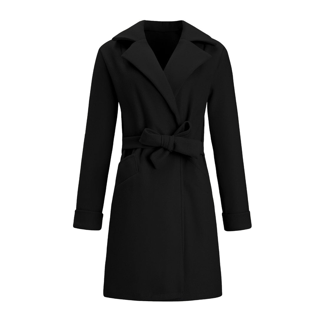 Women's elegant longline double-breasted coat. Classic wool-look outerwear for stylish winter fashion.