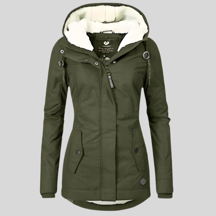 Warm women's long hooded winter jacket. Thick stylish outerwear, perfect for cold weather and winter fashion.