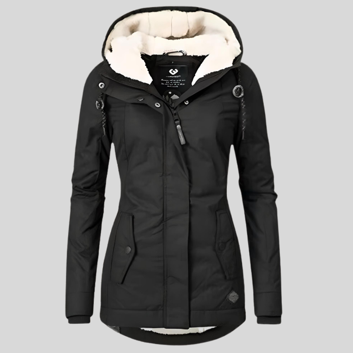 Women's long winter coat with a hood. Thick, warm outerwear, ideal for staying stylish and cozy in cold weather.