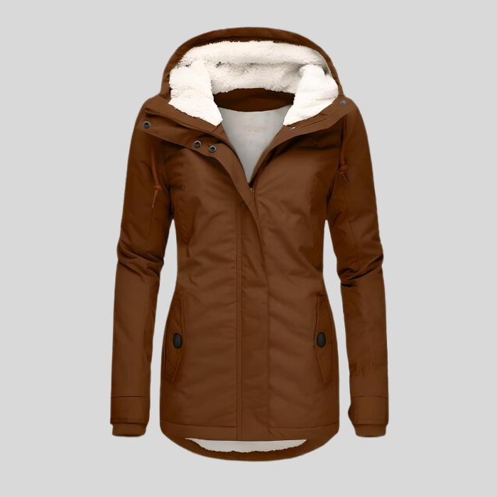 Elegant women's long winter coat. This warm, hooded jacket combines stylish outerwear with thick cold weather protection.