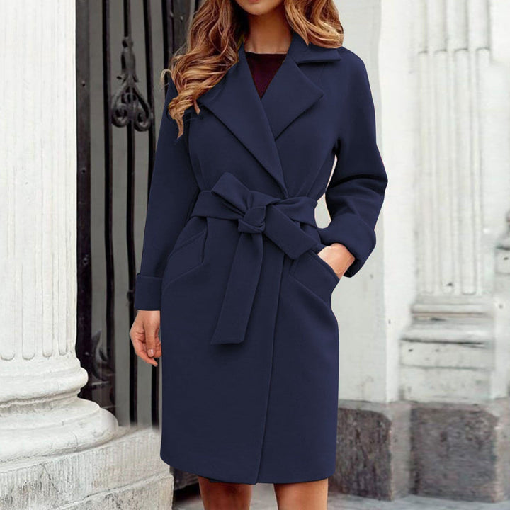 Chic women's long Sienna winter trench coat, warm outerwear jacket for elegant cold weather fashion.