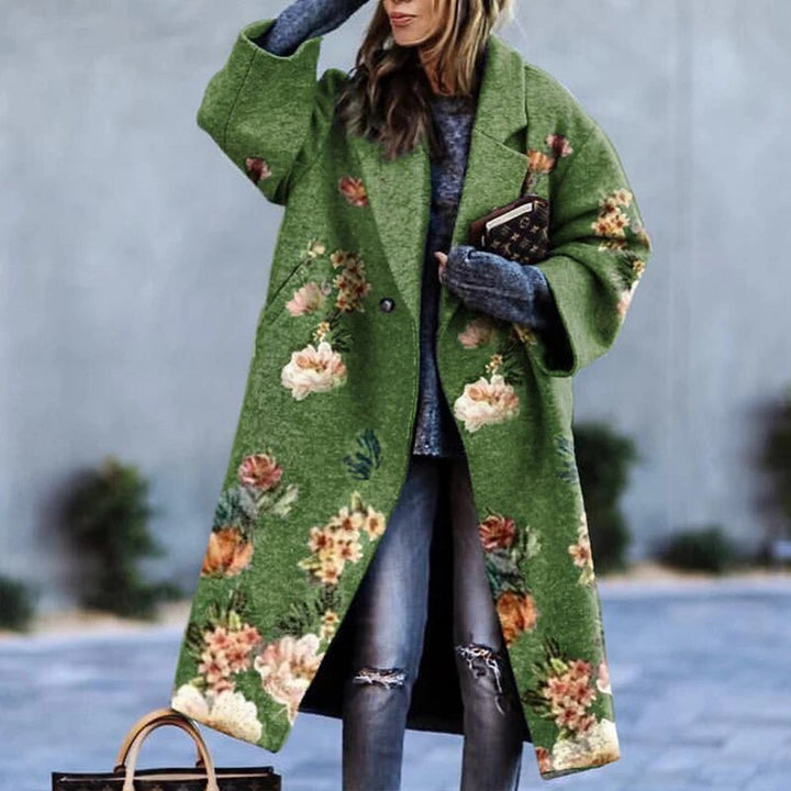 Stylish Vivienne long women's floral winter trench coat, elegant ladies' fashion & seasonal warmth.