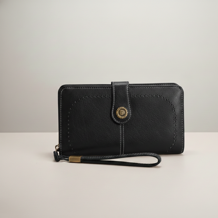 Unisex RFID blocking zip around wallet. Securely holds cards & phone. Perfect everyday carry in black PU leather.