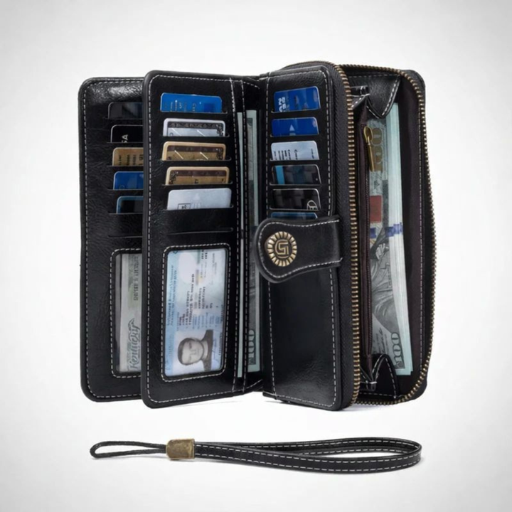 Everyday carry RFID blocking wallet. Secure zip around design for cards, cash, and phone. Durable unisex PU leather.
