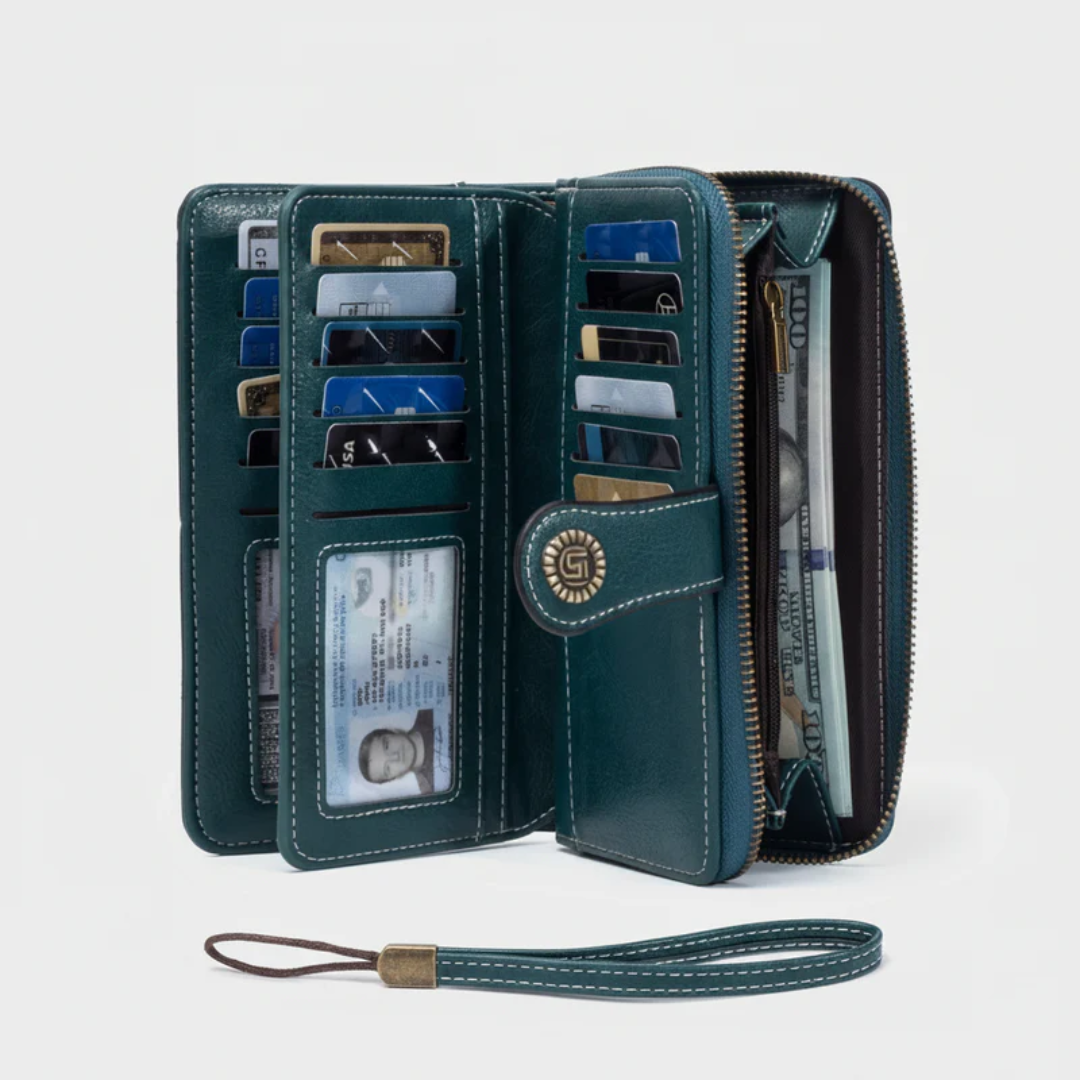 Protective RFID blocking wallet. Unisex zip-around design for credit cards, ID, and smartphone. Essential travel accessory.