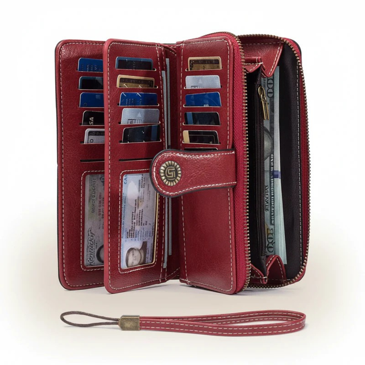 Versatile unisex RFID blocking wallet. Features secure zip closure, multiple card slots, and phone compartment. PU leather.