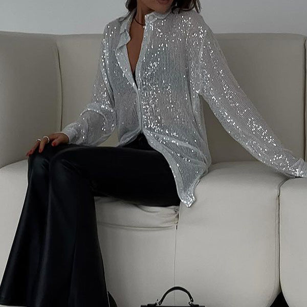 Glamorous women's loose fit sequin party top. Perfect glitter shirt for holiday outfits & evening fashion.
