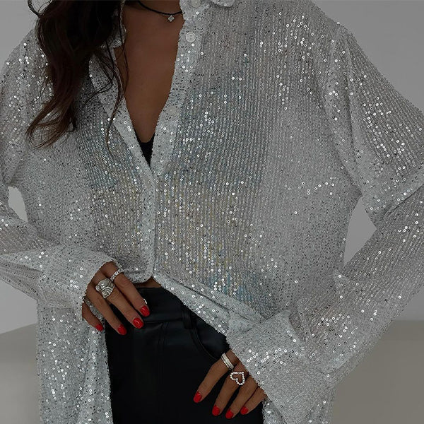 Women's sparkling sequin blouse, loose fit party top. Ideal for evening wear & celebrations.
