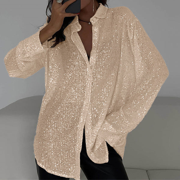 Sparkling women's loose fit blouse with sequins. An elegant party top, great for glamorous evening fashion.