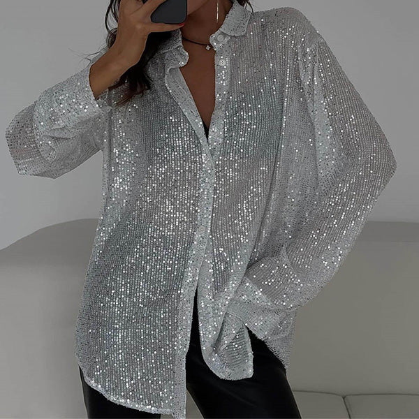 Fashionable women's loose fit sequin top, shimmering glitter shirt for parties, evenings & celebrations.