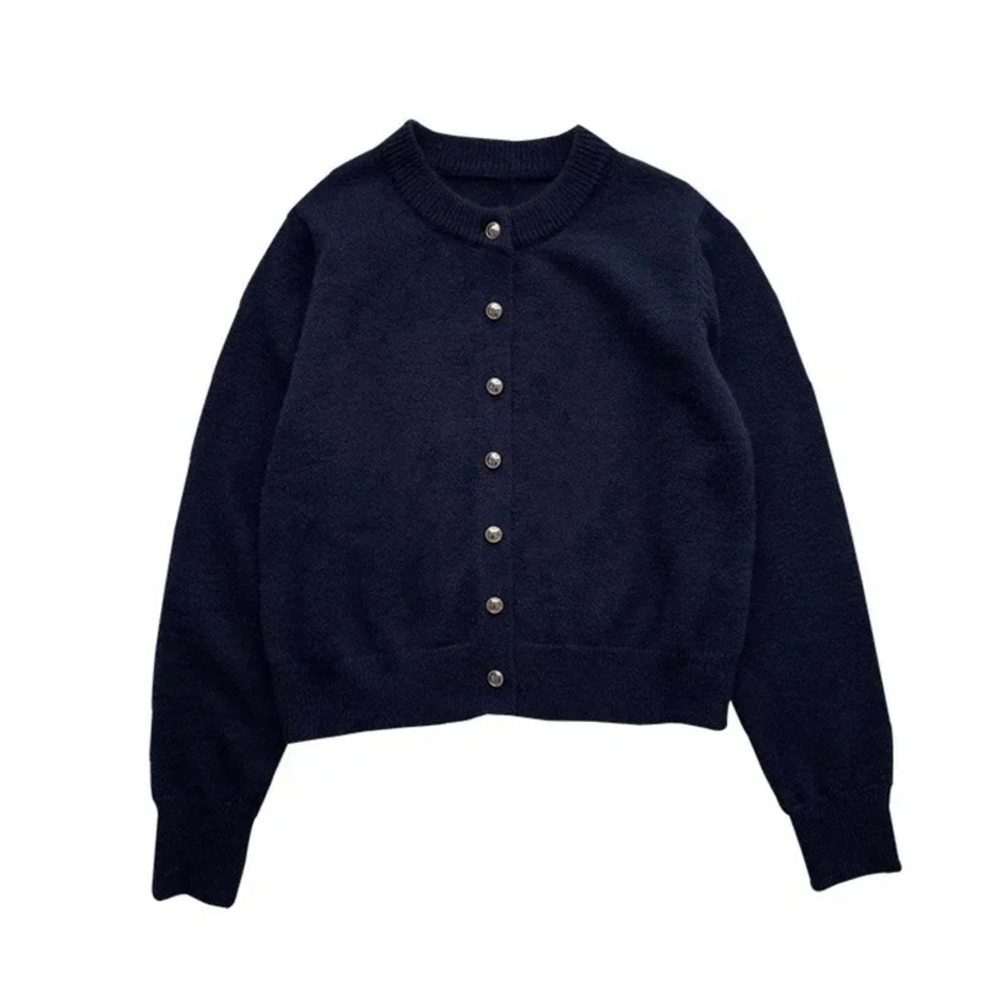 Cozy women's loose knit round neck cardigan, a comfortable sweater for autumn, spring, and versatile daily wear.
