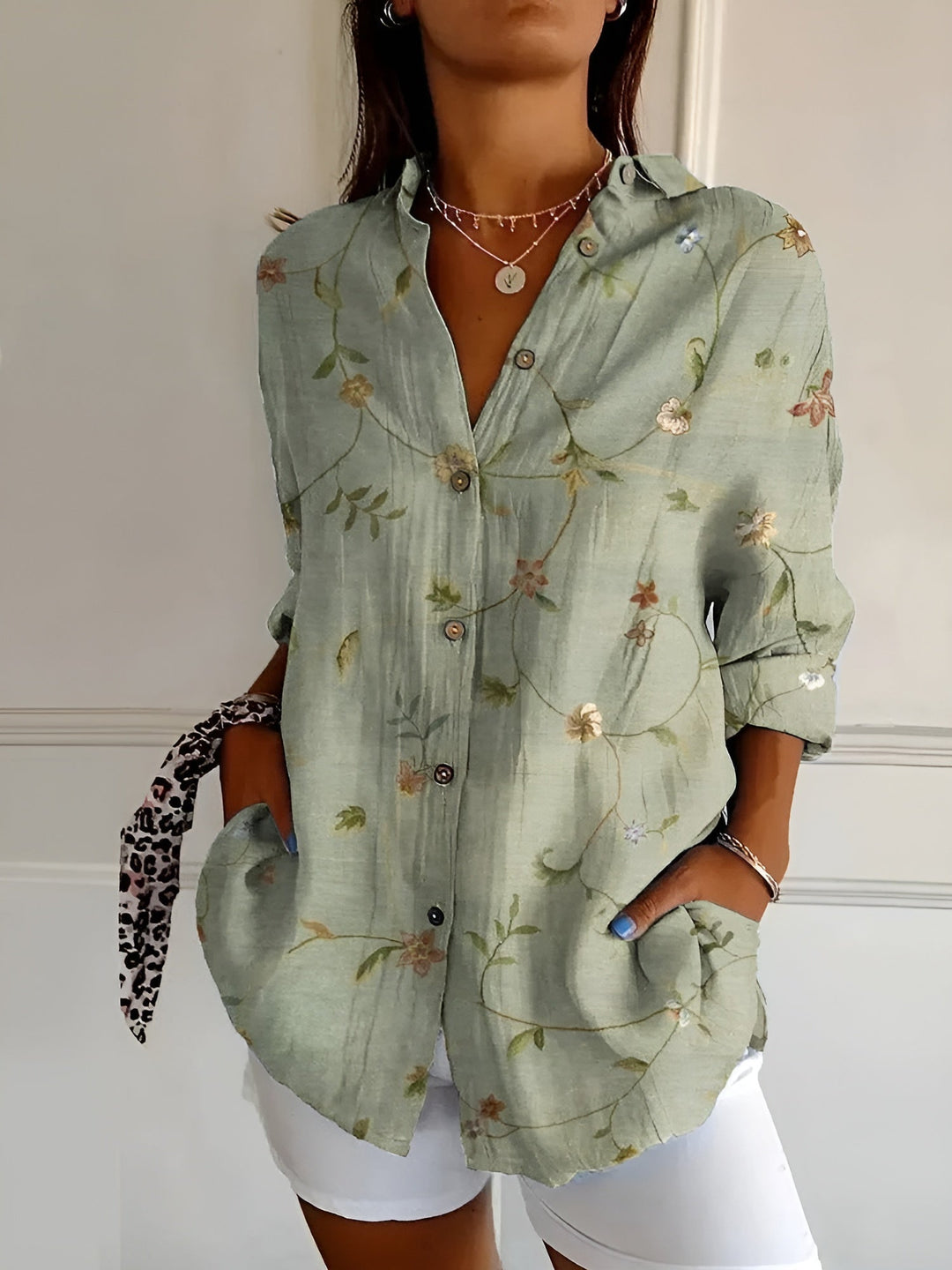 Women's floral print relaxed fit button-up blouse with 3/4 sleeves, perfect for summer casual wear.