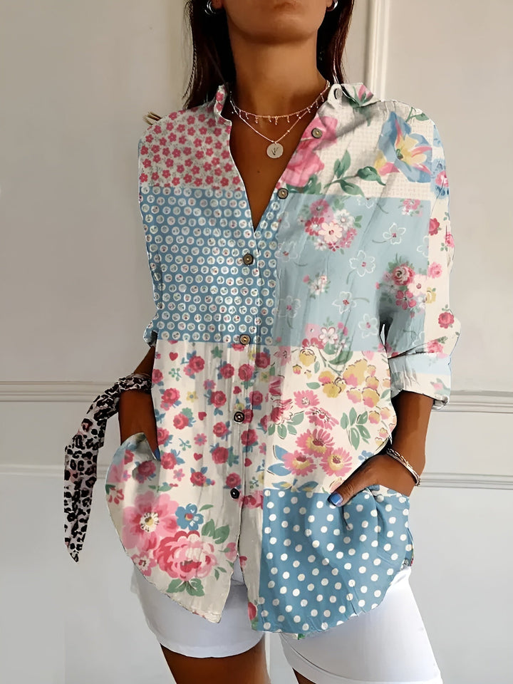 Comfortable women's relaxed fit floral print button-up shirt, a versatile 3/4 sleeve summer top.