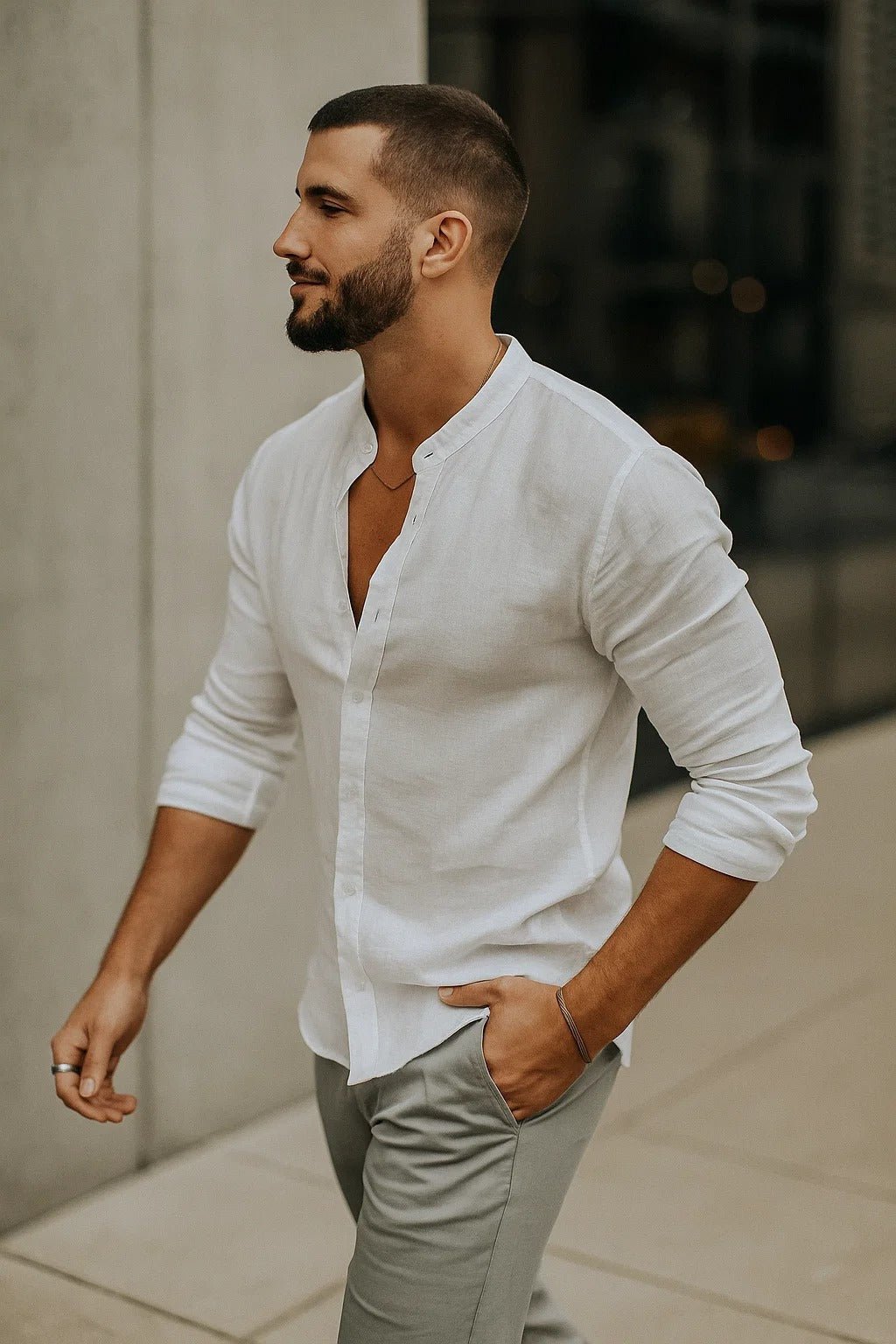 Stylish men's grandad collar casual shirt. Long sleeve relaxed fit, ideal for smart casual or summer wear.
